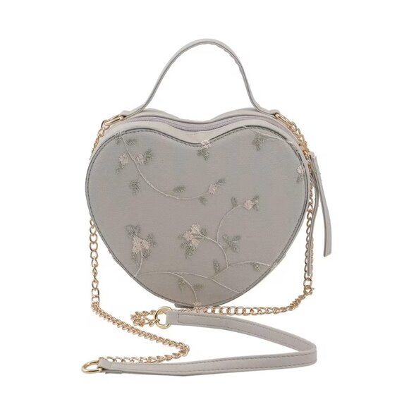 Floral Pattern Faux Leather Heart Shape Embroidery Crossbody Bag White - Picture 1 of 5